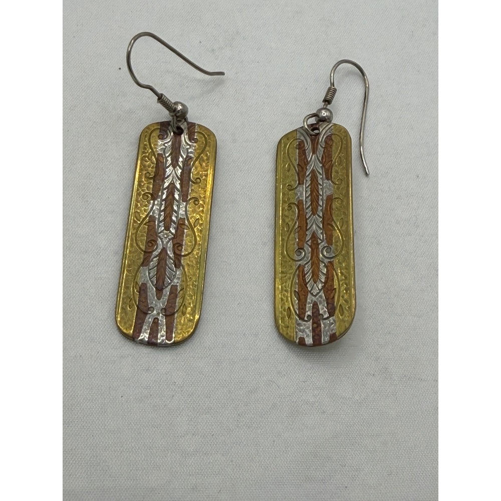 Mixed Metal Etched Rectangular Drop Earrings Gold Silver Copper Tone Boho Bar